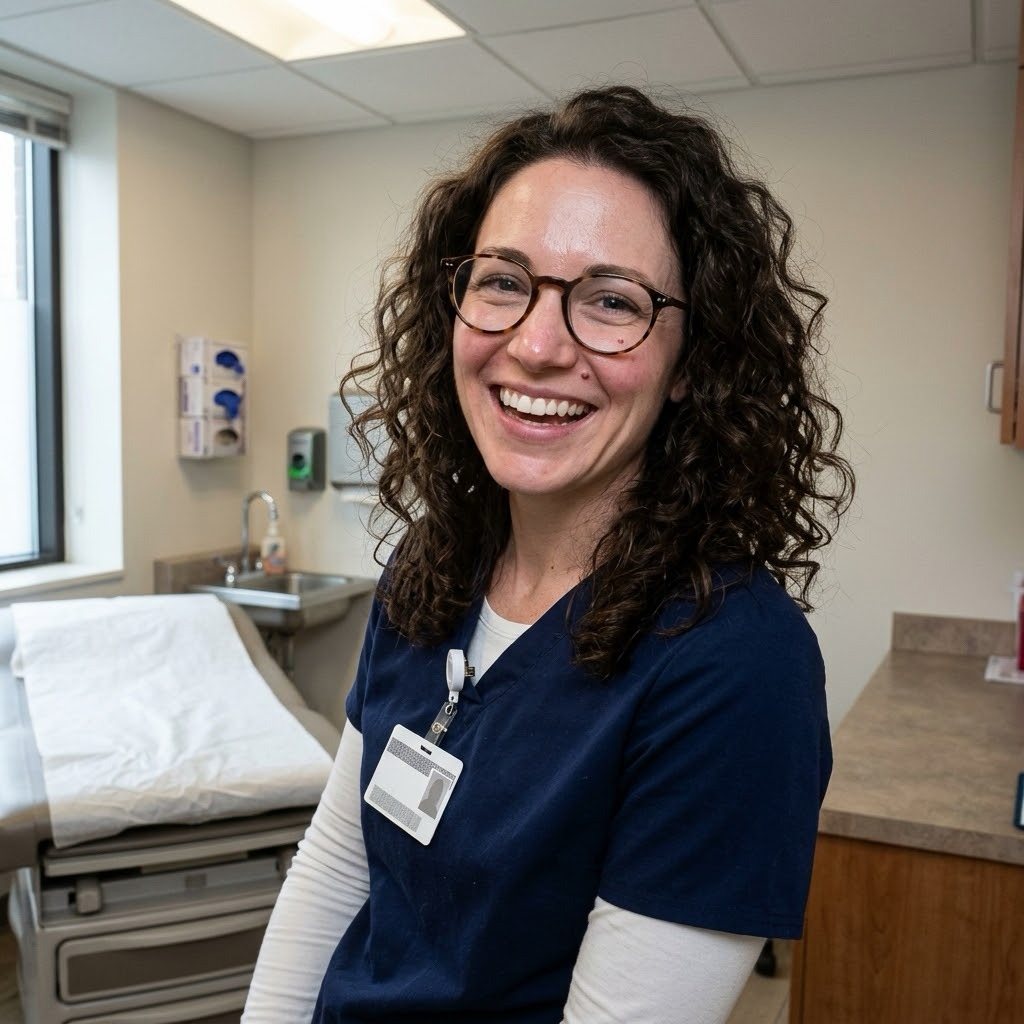 Smiling doctor in navy scrubs in a clinic exam room