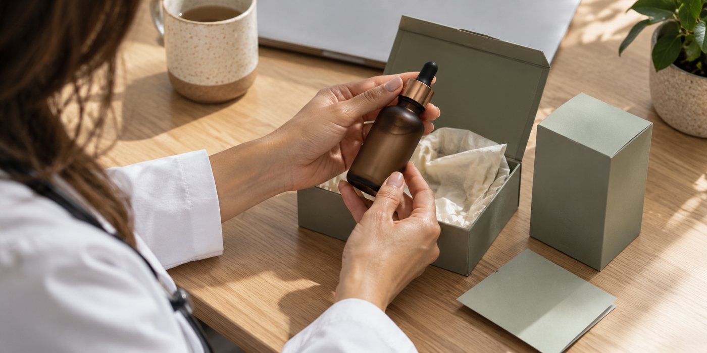 Doctor unboxing a skincare serum bottle at her desk