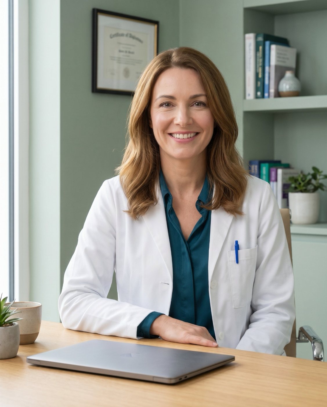 Smiling doctor in a white coat at her desk